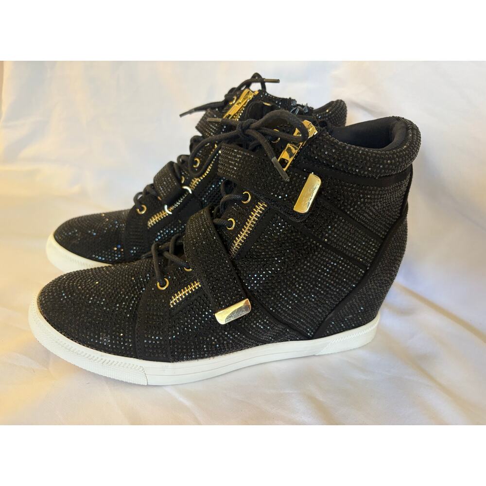 INC International Concepts Debby Rhinestone Wedge Sneakers Black Gold Sz 10